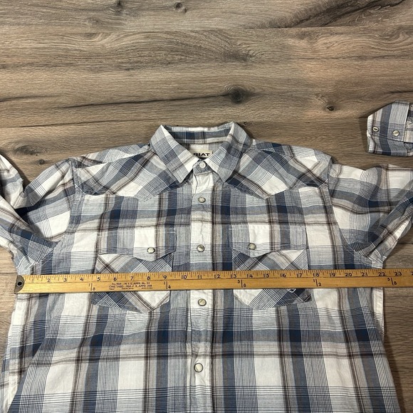Ariat Retro Fit Shirt Mens Large Blue Brown Plaid Western Pearl Snap Rodeo - Picture 6 of 7